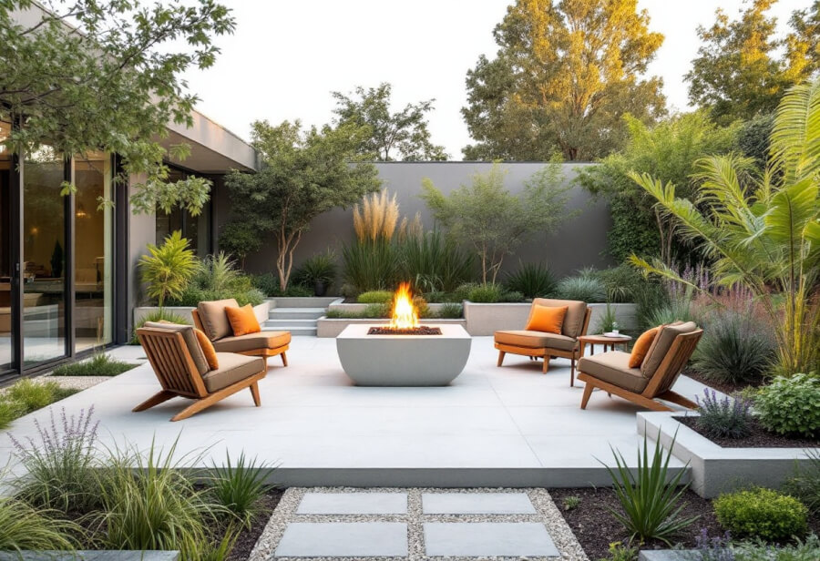 a garden designed in a mid century modern style