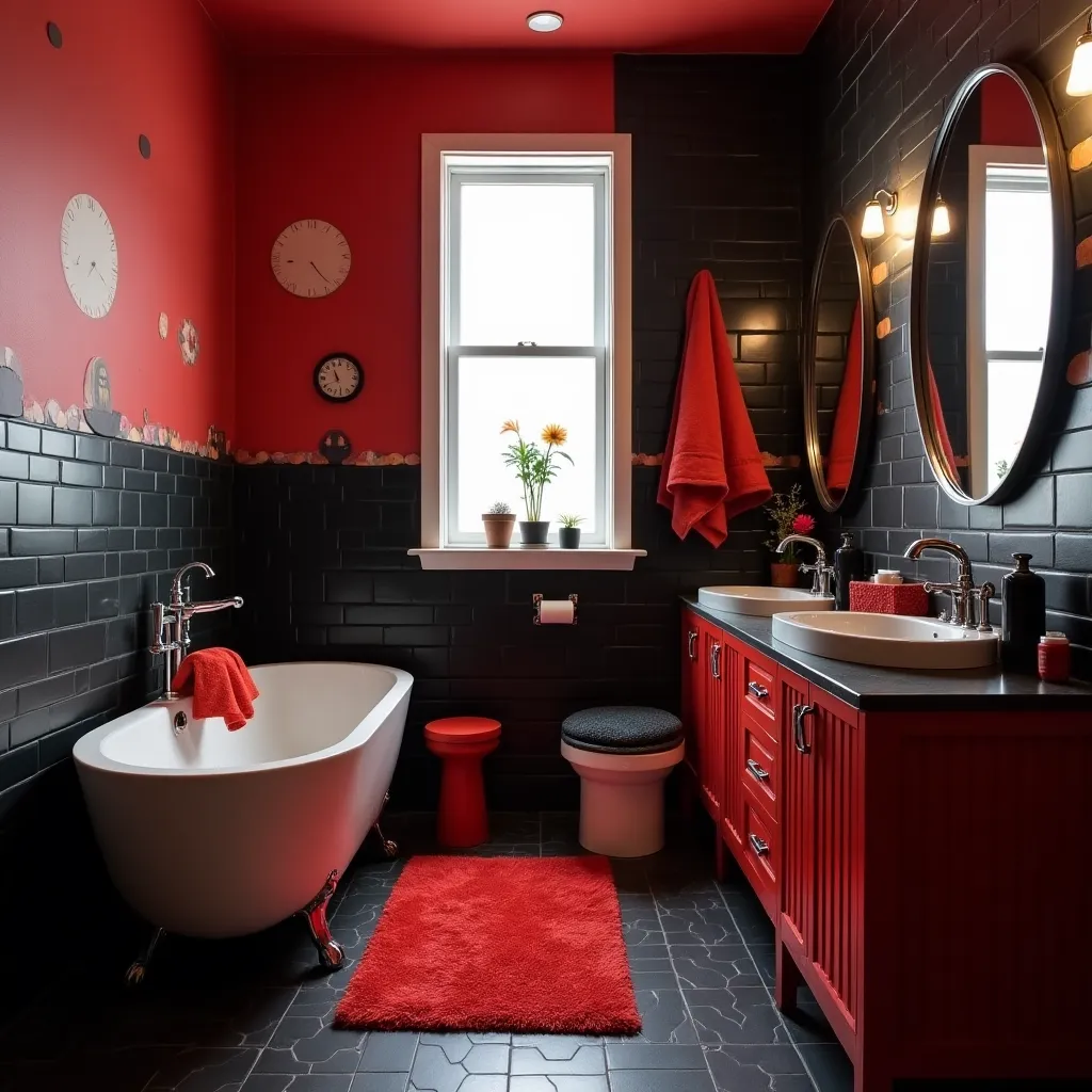 Modern bathroom featuring black and red decor, with a stylish freestanding bathtub, red vanity cabinets, and black tiled walls, showcasing elegant black and red bathroom decorating ideas.