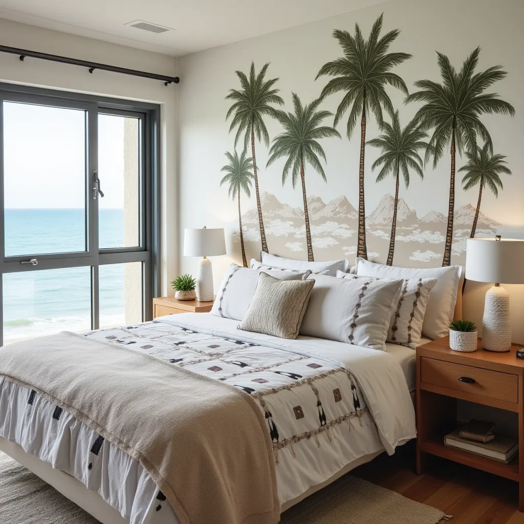 Coastal boho decor ideas featuring a serene bedroom with ocean views, palm tree wall art, and a cozy bed adorned with textured pillows and a soft throw, creating a relaxing beach-inspired atmosphere.