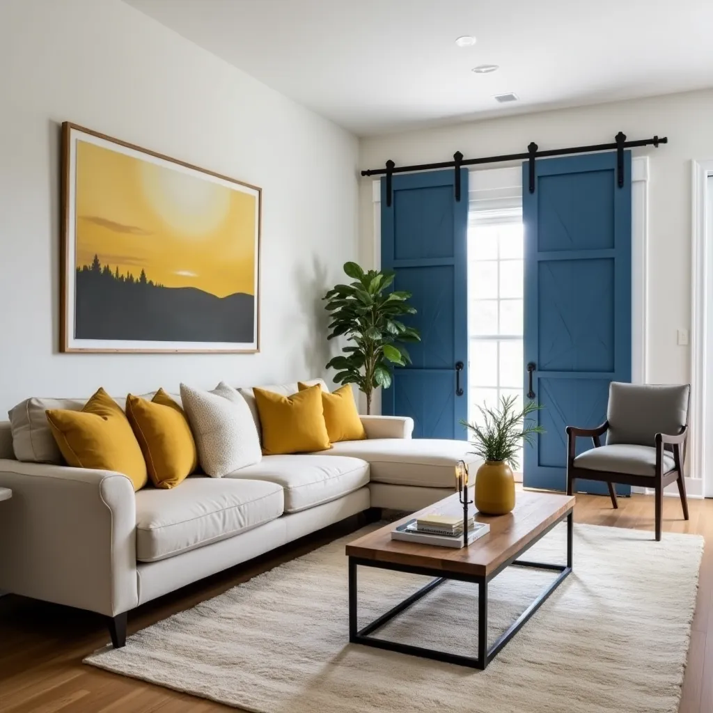 Modern living room featuring a stylish combination of mustard and blue decor elements, including a cozy white sofa adorned with mustard yellow pillows, a sleek wooden coffee table, and striking blue barn doors, perfect for inspiring mustard and blue living room ideas.
