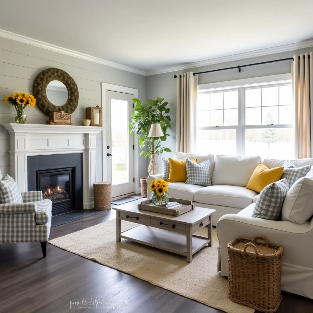 A cozy living room featuring a stylish blend of yellow, grey, and blue decor ideas, with a white sofa adorned with yellow and grey pillows, a grey armchair, and a wooden coffee table. The room is accented with sunflowers, a large green plant, and a fireplace, creating a warm and inviting atmosphere.