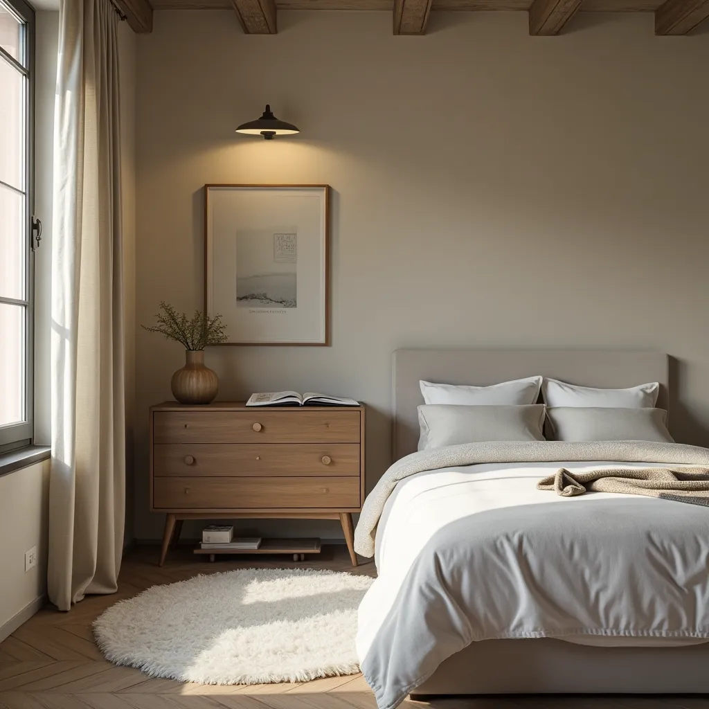 Contemporary Italian interior decor ideas featuring a minimalist bedroom with a neutral color palette, wooden furniture, and soft lighting, creating a serene and elegant atmosphere.