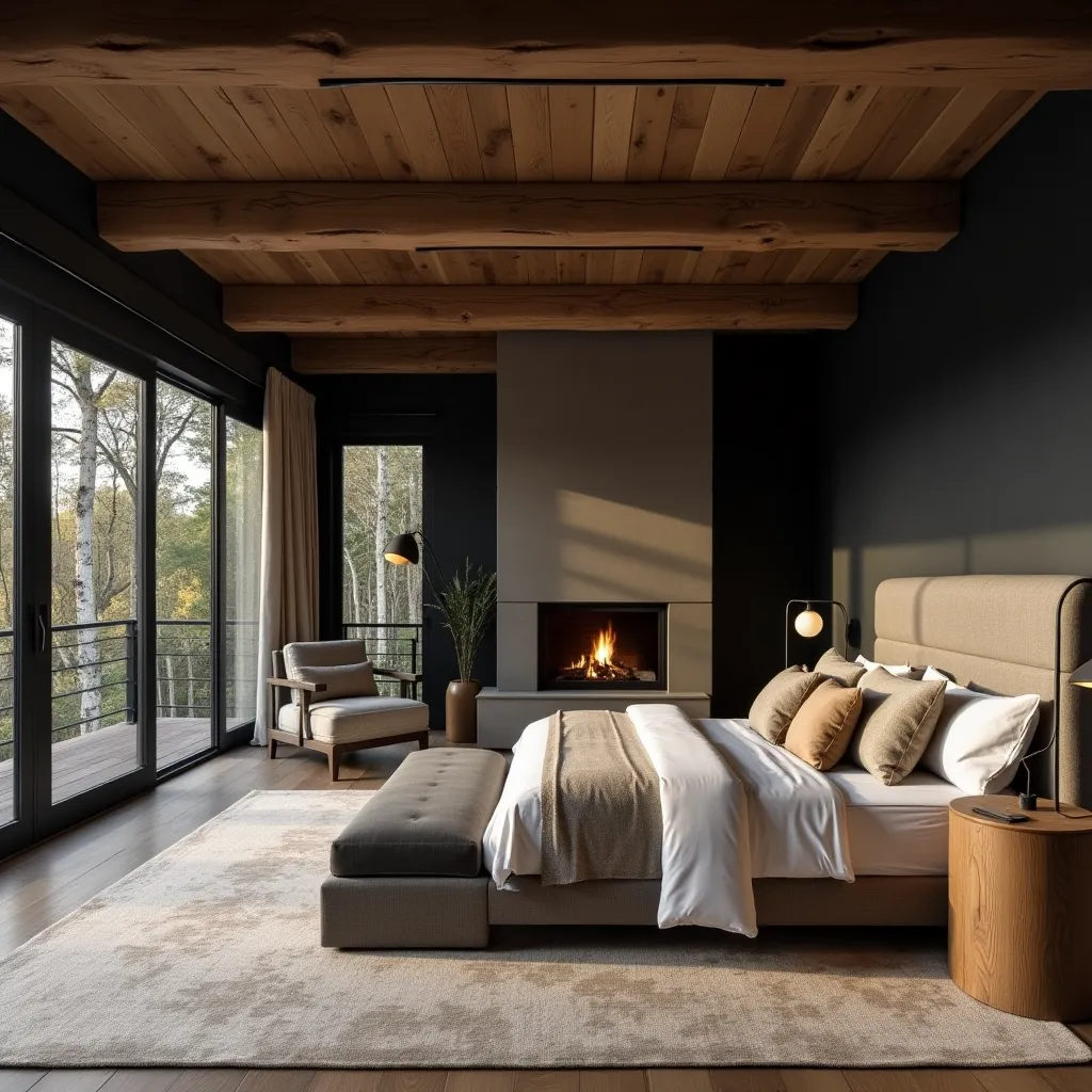 Modern black and beige bedroom ideas featuring a cozy fireplace, elegant wooden ceiling, and large windows offering natural light, creating a warm and inviting atmosphere.