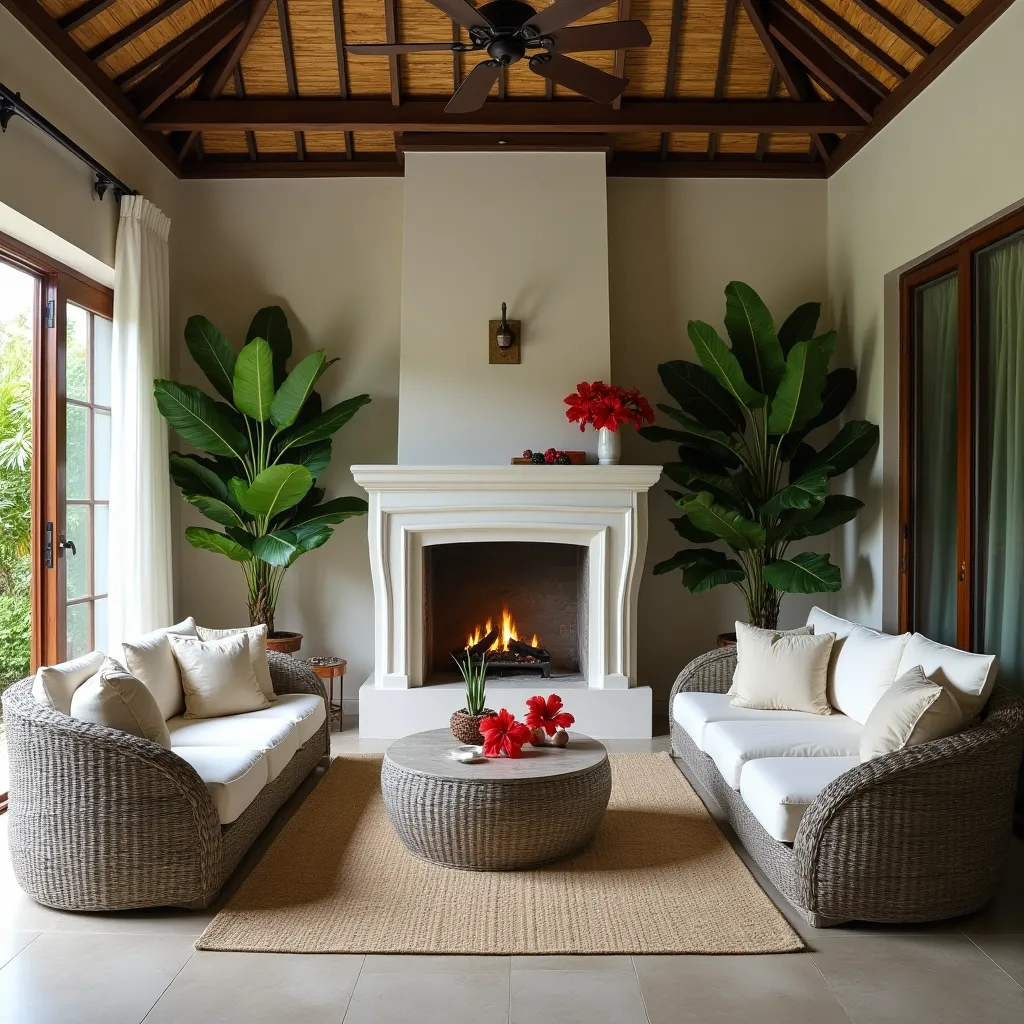 Cozy grey and red living room ideas featuring elegant wicker furniture, a warm fireplace, and vibrant red floral accents, creating a harmonious blend of modern and rustic design elements.