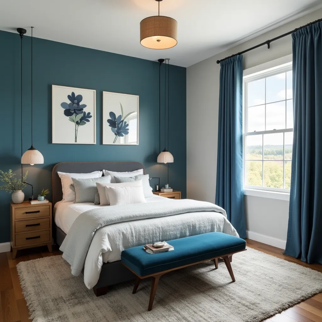 Modern bedroom showcasing blue and gray furniture ideas, featuring a stylish gray bed with blue accents, complemented by blue curtains and a matching bench, creating a serene and cohesive design.