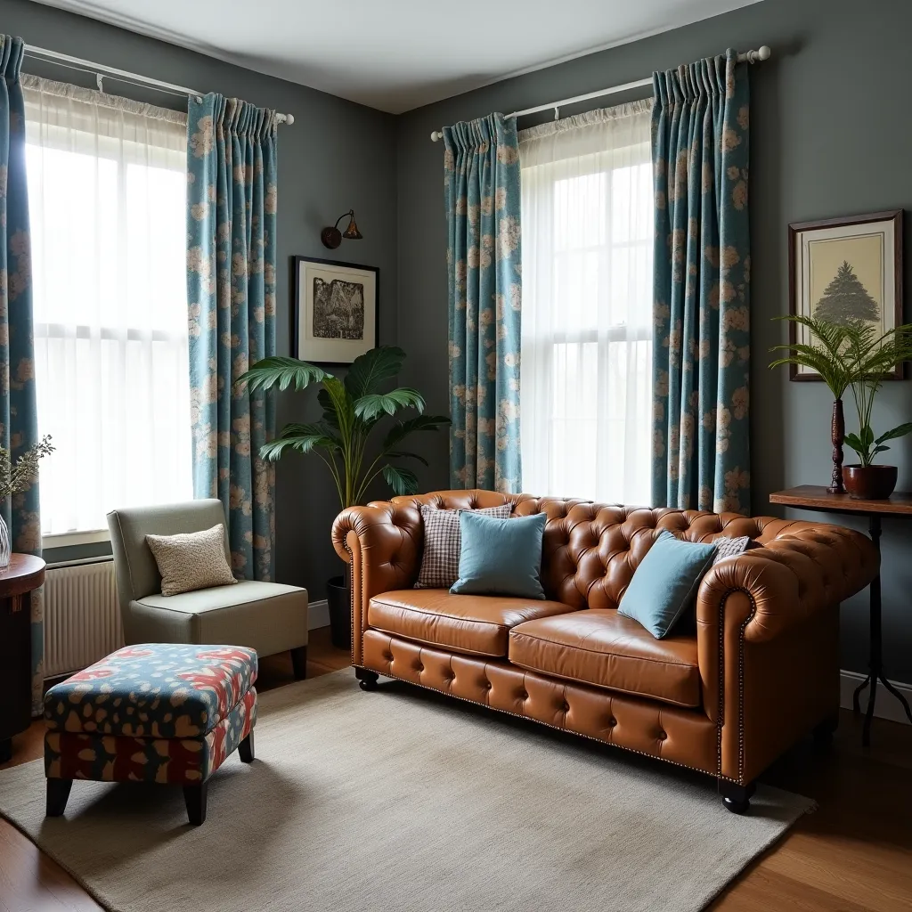 Cozy living room featuring a brown leather Chesterfield sofa with blue accent pillows, complemented by gray walls and floral blue curtains, offering stylish brown, blue, and gray living room ideas.