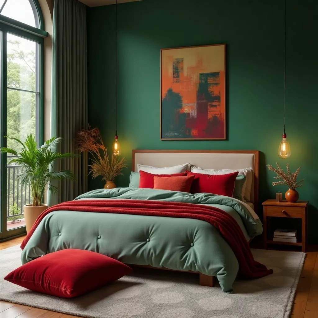 Cozy bedroom featuring green and red decor ideas, with a plush green comforter and vibrant red accents, creating a harmonious and inviting atmosphere.