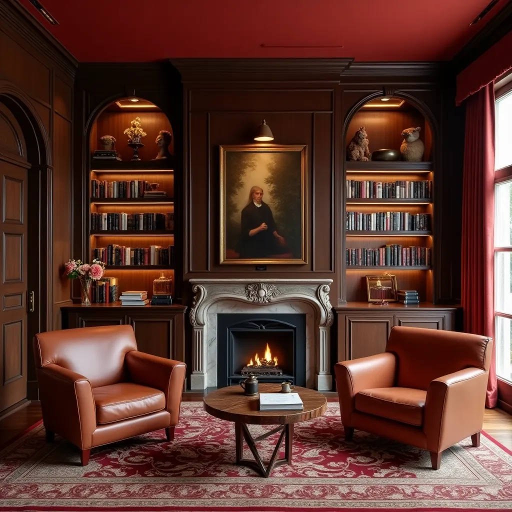 Elegant red and brown living room ideas featuring rich leather armchairs, a classic fireplace, and built-in bookshelves, creating a warm and inviting atmosphere.