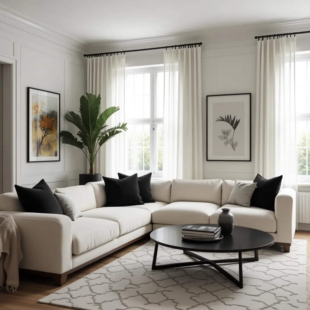 Elegant cream and black living room featuring a cozy cream sectional sofa adorned with black throw pillows, a sleek black coffee table, and stylish wall art, creating a sophisticated and modern design.