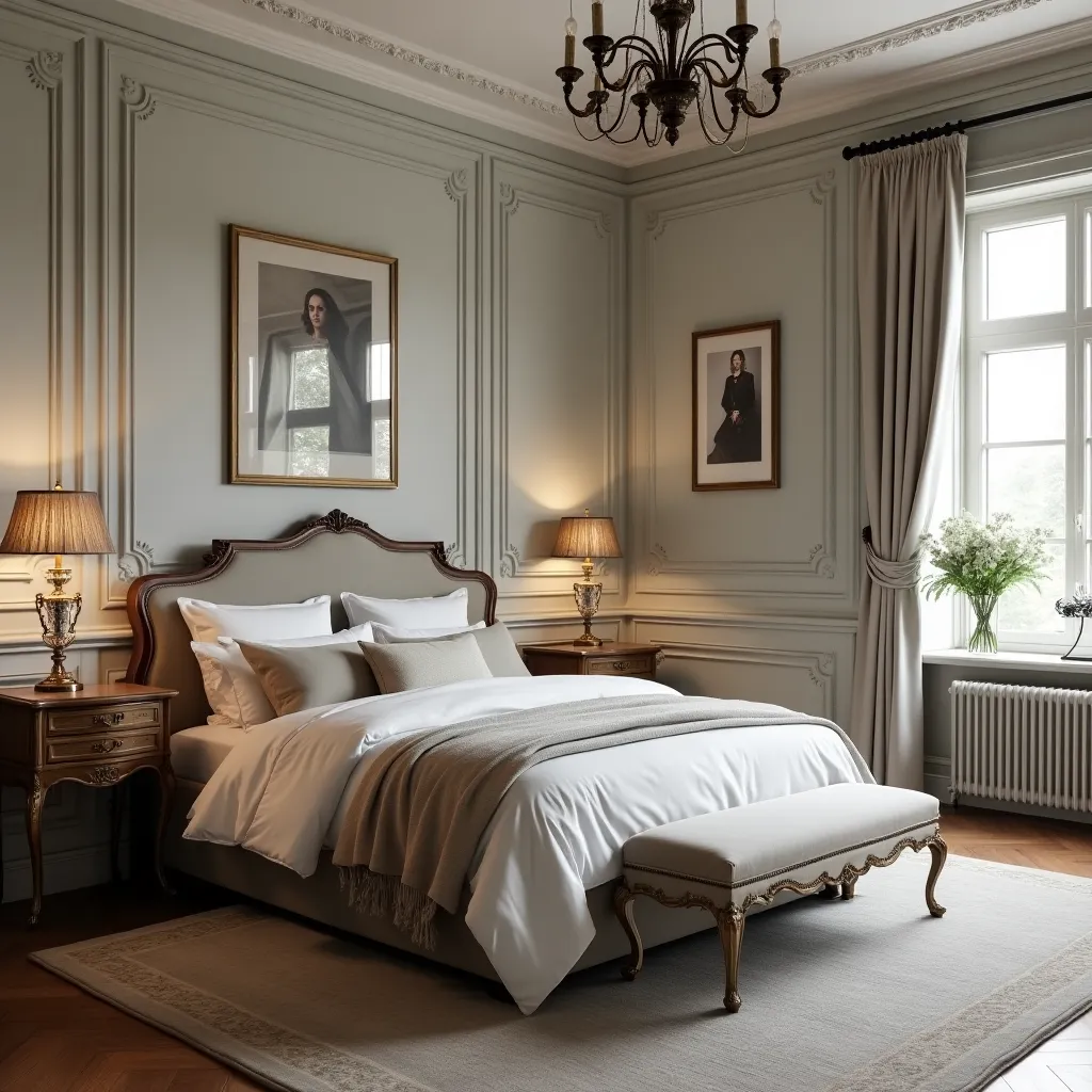 Elegant modern Victorian bedroom featuring a luxurious bed with ornate headboard, classic wooden nightstands, and vintage-style lamps. The room is adorned with intricate wall paneling, a sophisticated chandelier, and large windows with flowing curtains, offering a perfect blend of traditional and contemporary design elements for modern Victorian bedroom ideas.