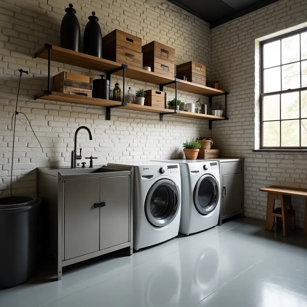 Industrial laundry room featuring sleek metal cabinets, modern washing machines, and rustic wooden shelves with storage boxes and plants, exemplifying stylish industrial laundry room ideas.