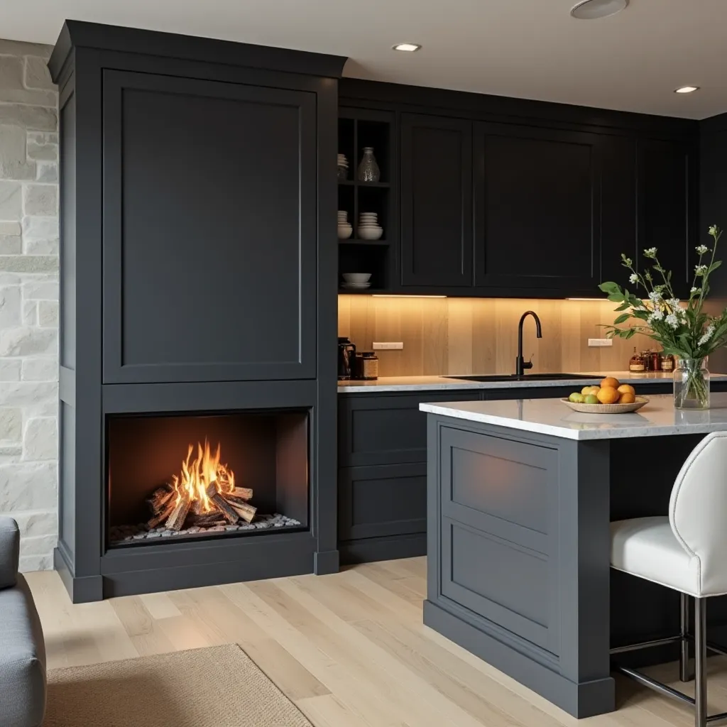 Modern kitchen featuring sleek grey and black cupboards, complemented by a cozy built-in fireplace and elegant lighting, offering stylish grey and black kitchen cupboards ideas for contemporary home design.