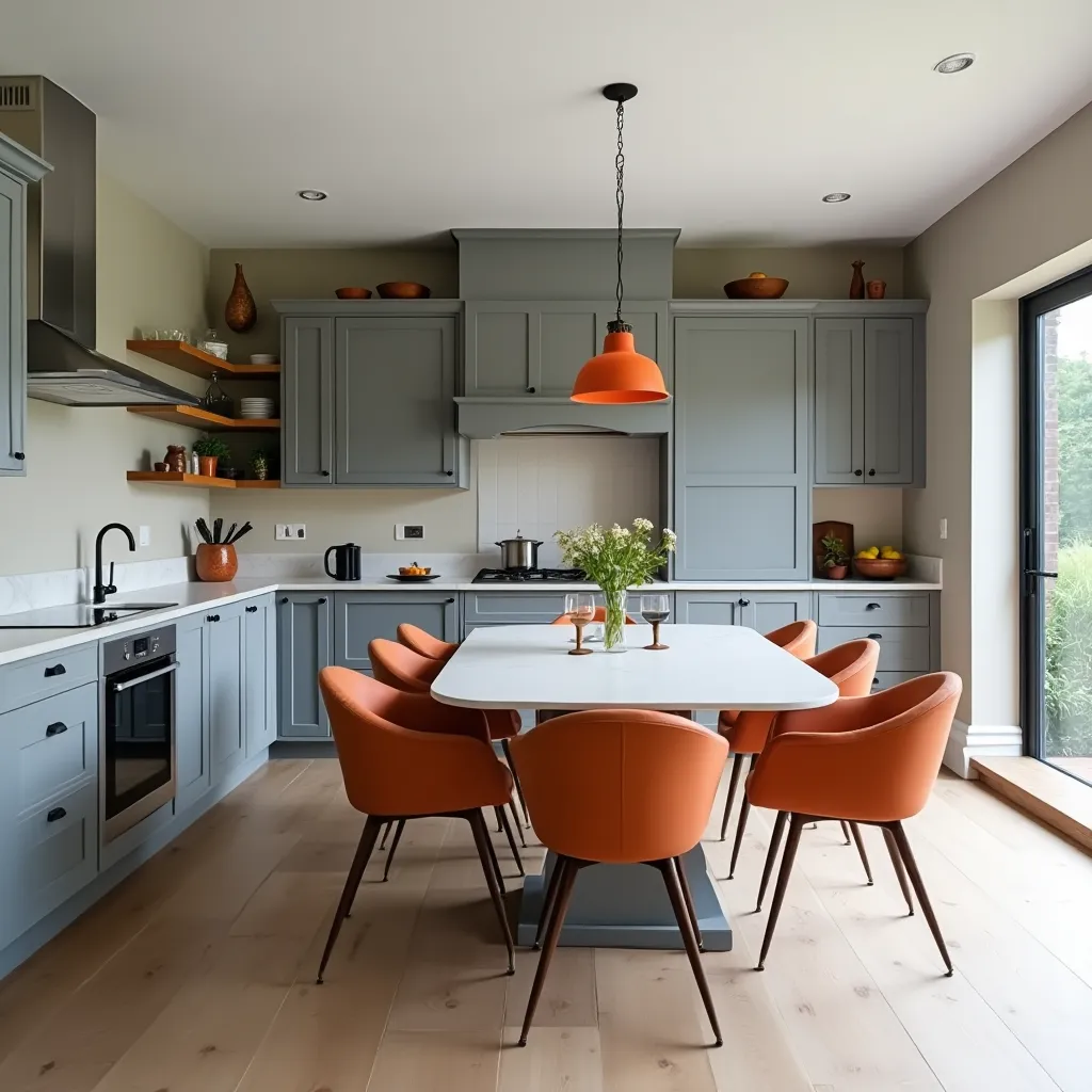 Modern kitchen featuring gray cabinets and vibrant orange accents, including chairs and a pendant light, showcasing stylish gray and orange kitchen ideas.