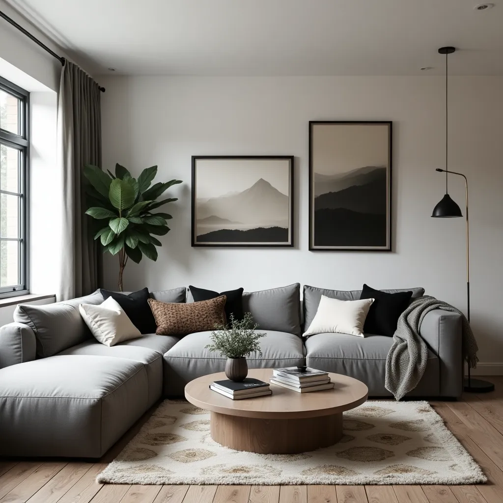 Modern living room featuring a stylish grey sectional sofa adorned with black and cream pillows, complemented by a round wooden coffee table on a patterned cream rug. The space is enhanced by minimalist wall art and a large potted plant, offering elegant grey black cream living room ideas.