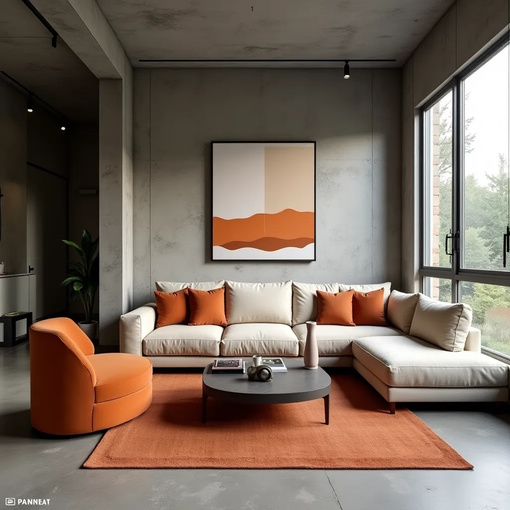 Modern living room featuring a stylish blend of orange and grey decor, including a comfortable sectional sofa with orange cushions, a sleek orange armchair, and a matching rug, perfect for inspiring orange grey living room ideas.