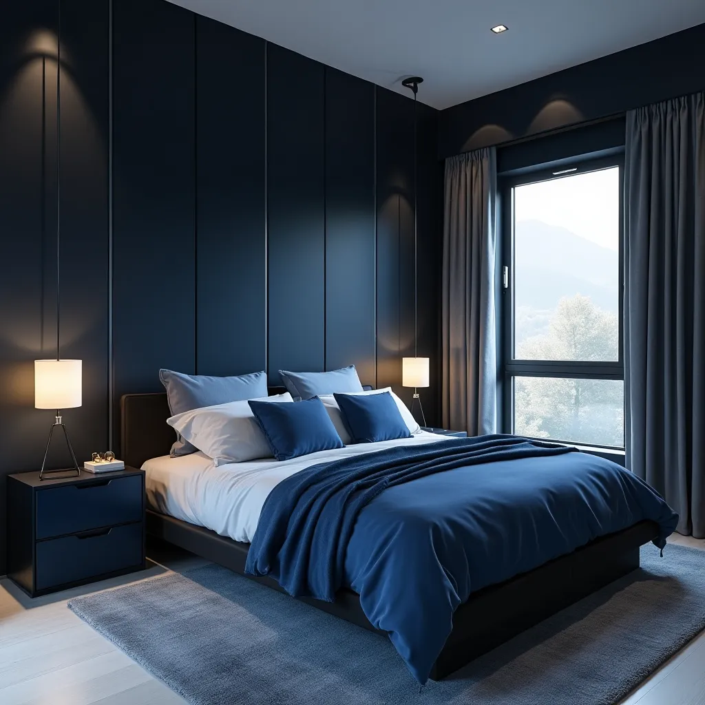 Modern bedroom design featuring a sophisticated blue and black color scheme, showcasing elegant bedding and stylish decor elements, perfect for inspiring blue and black bedroom ideas.