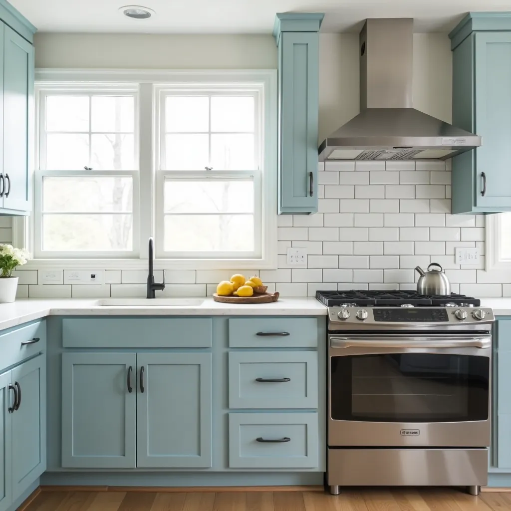 Modern kitchen featuring duck egg blue cabinets, complemented by a stainless steel oven and white subway tile backsplash, offering stylish duck egg blue kitchen cabinets ideas for a fresh and inviting space.