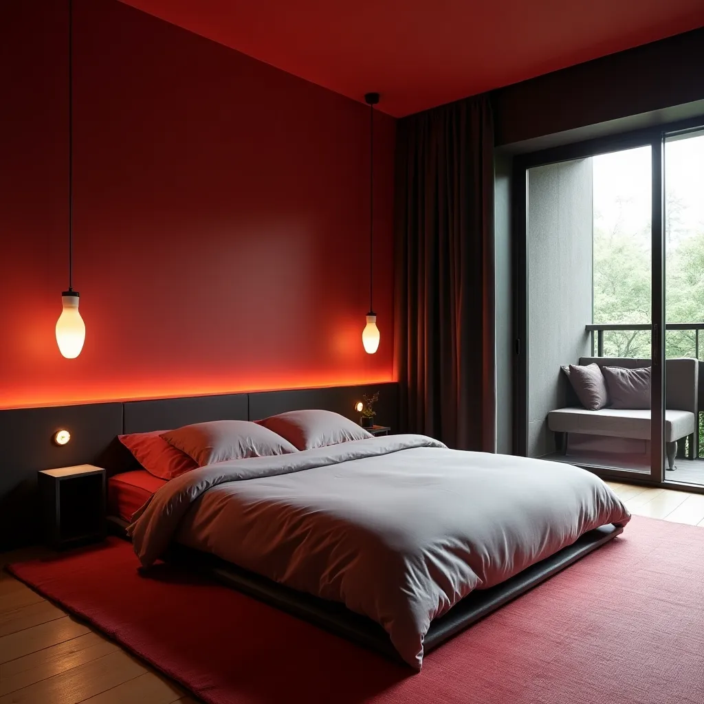 Modern bedroom design featuring a striking red and black color scheme, with ambient lighting and minimalist decor, perfect for those seeking bold bedroom ideas in red and black.