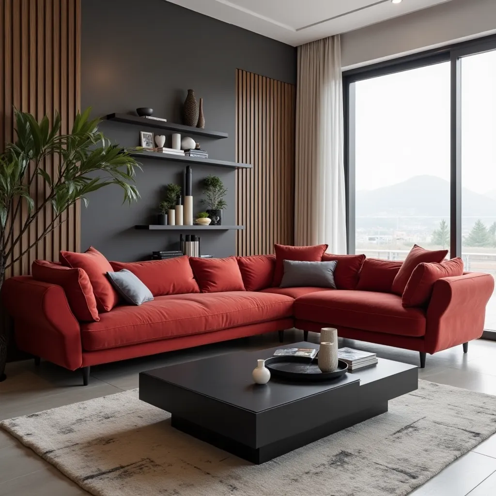 Modern living room showcasing red and black interior design ideas with a striking red sectional sofa, sleek black coffee table, and minimalist decor, creating a stylish and inviting atmosphere.
