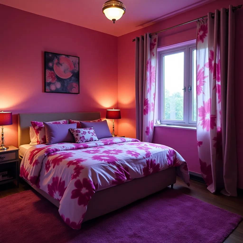 Cozy bedroom featuring a vibrant blend of purple and red decor, with floral-patterned bedding and curtains, perfect for inspiring purple and red bedroom ideas.