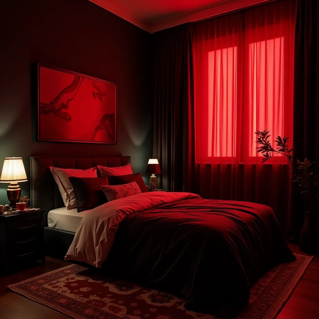 Elegant black and red bedroom design ideas featuring a cozy bed with dark bedding, ambient lighting from bedside lamps, and rich red curtains creating a warm, inviting atmosphere.