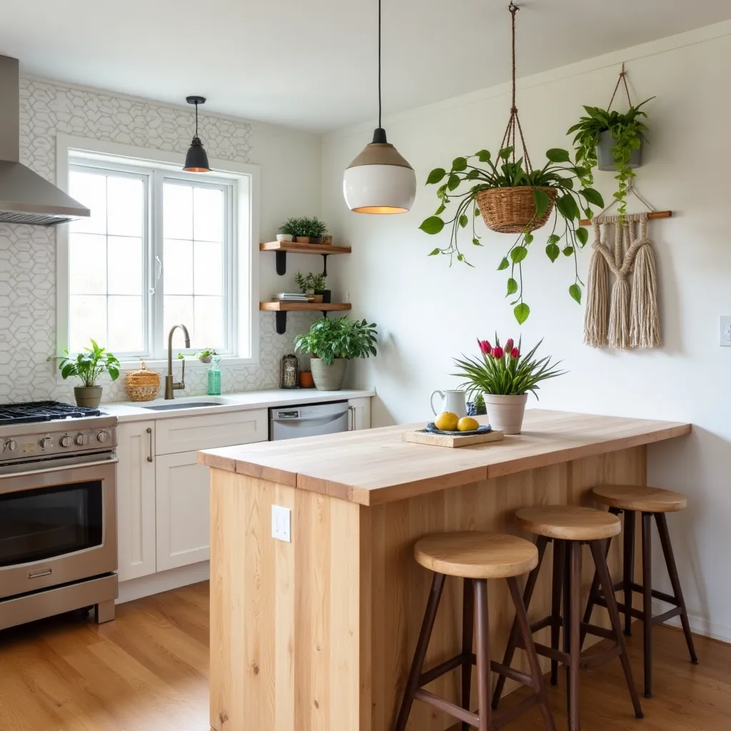 A cozy small boho kitchen featuring a wooden island with stools, open shelving adorned with plants, and a macramé wall hanging, creating a warm and inviting atmosphere.