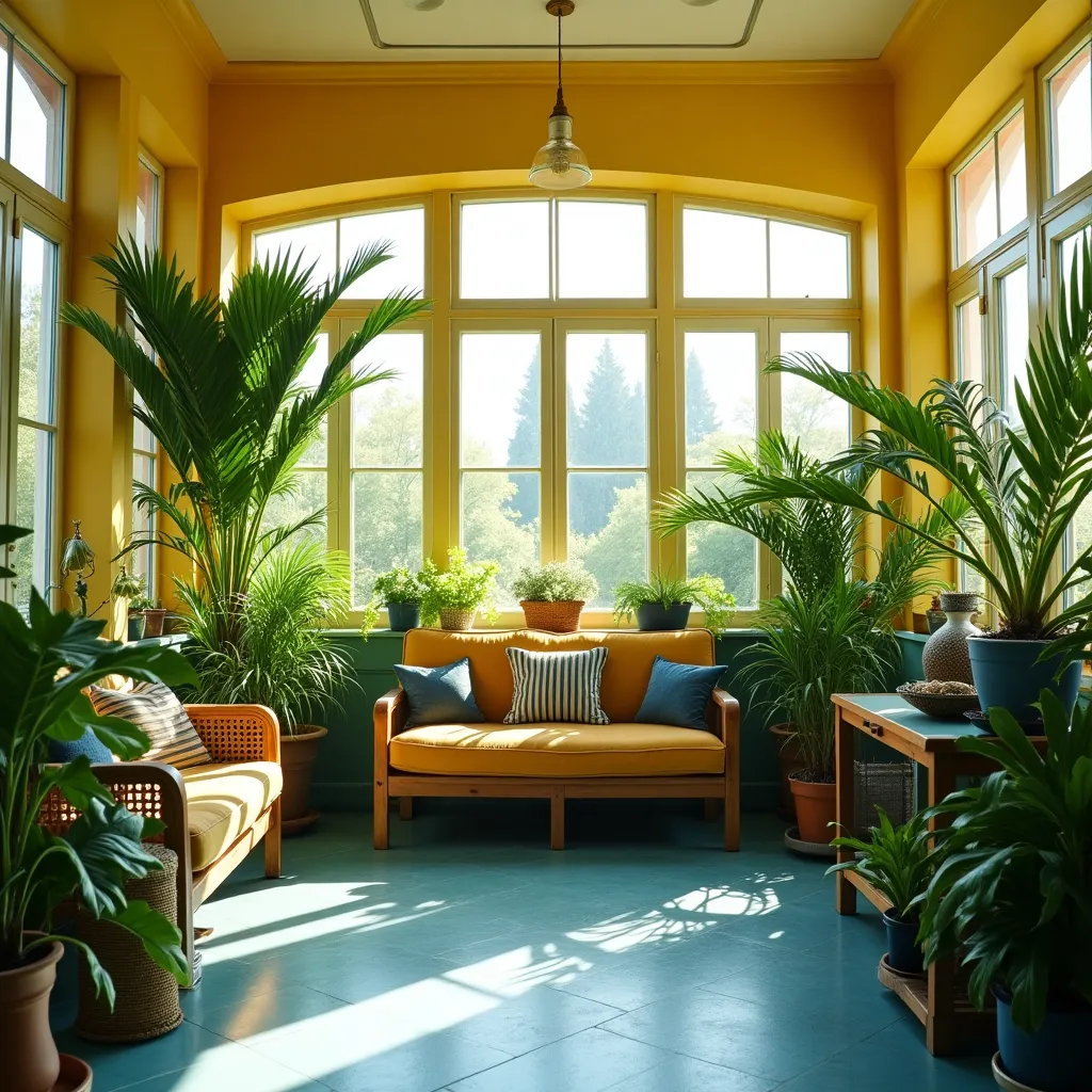 Bright and inviting sunroom featuring a vibrant yellow and blue interior design, with lush green plants and cozy seating that enhances the natural light and cheerful atmosphere.