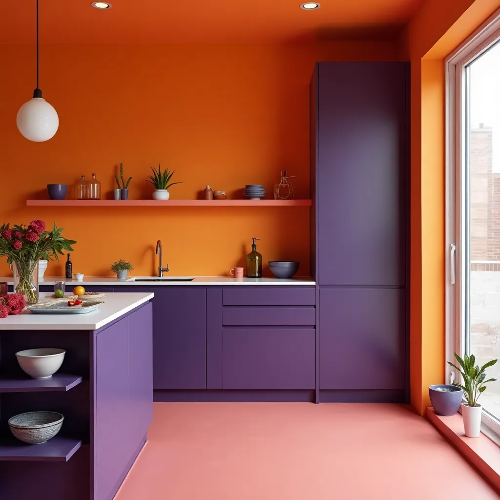 Modern kitchen featuring vibrant orange walls and ceiling, complemented by sleek purple cabinets and a pink floor, showcasing innovative orange kitchen decor ideas with stylish shelving and contemporary lighting.