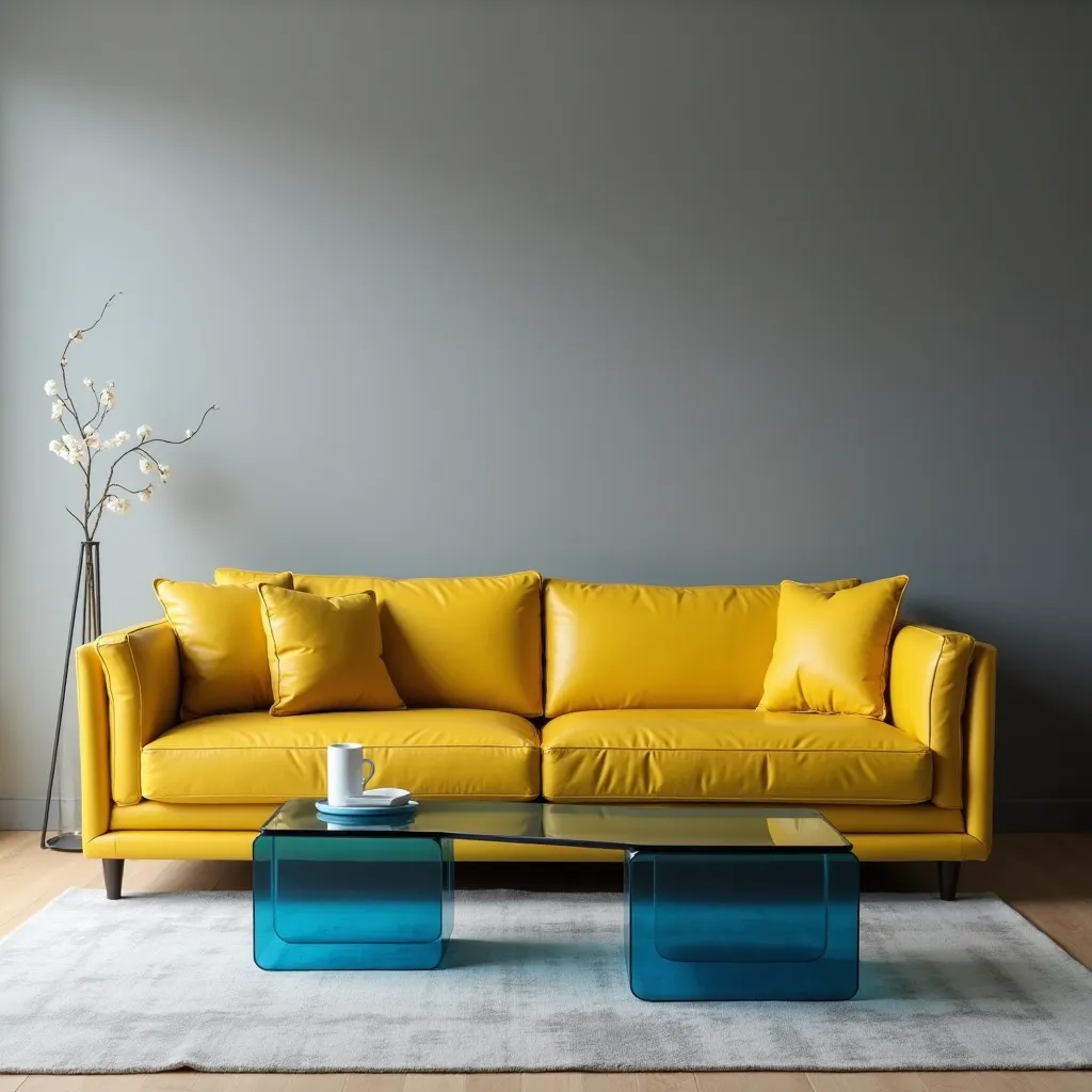 Modern living room featuring a vibrant yellow sofa against a sleek gray wall, complemented by a stylish blue glass coffee table, perfect for inspiring yellow, gray, and blue living room ideas.