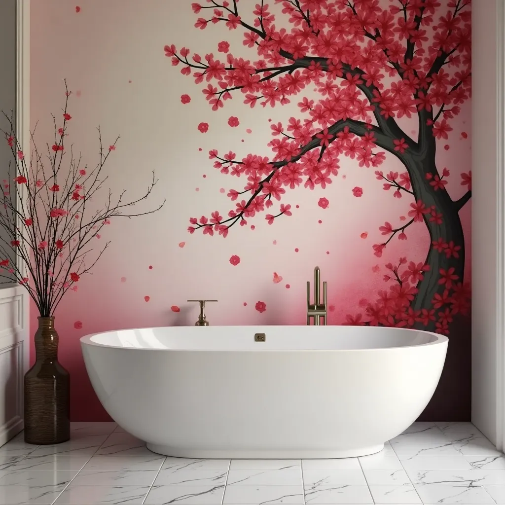 Modern bathroom featuring a stunning cherry blossom mural, showcasing elegant cherry bathroom decor ideas with a freestanding white bathtub and minimalist design elements.