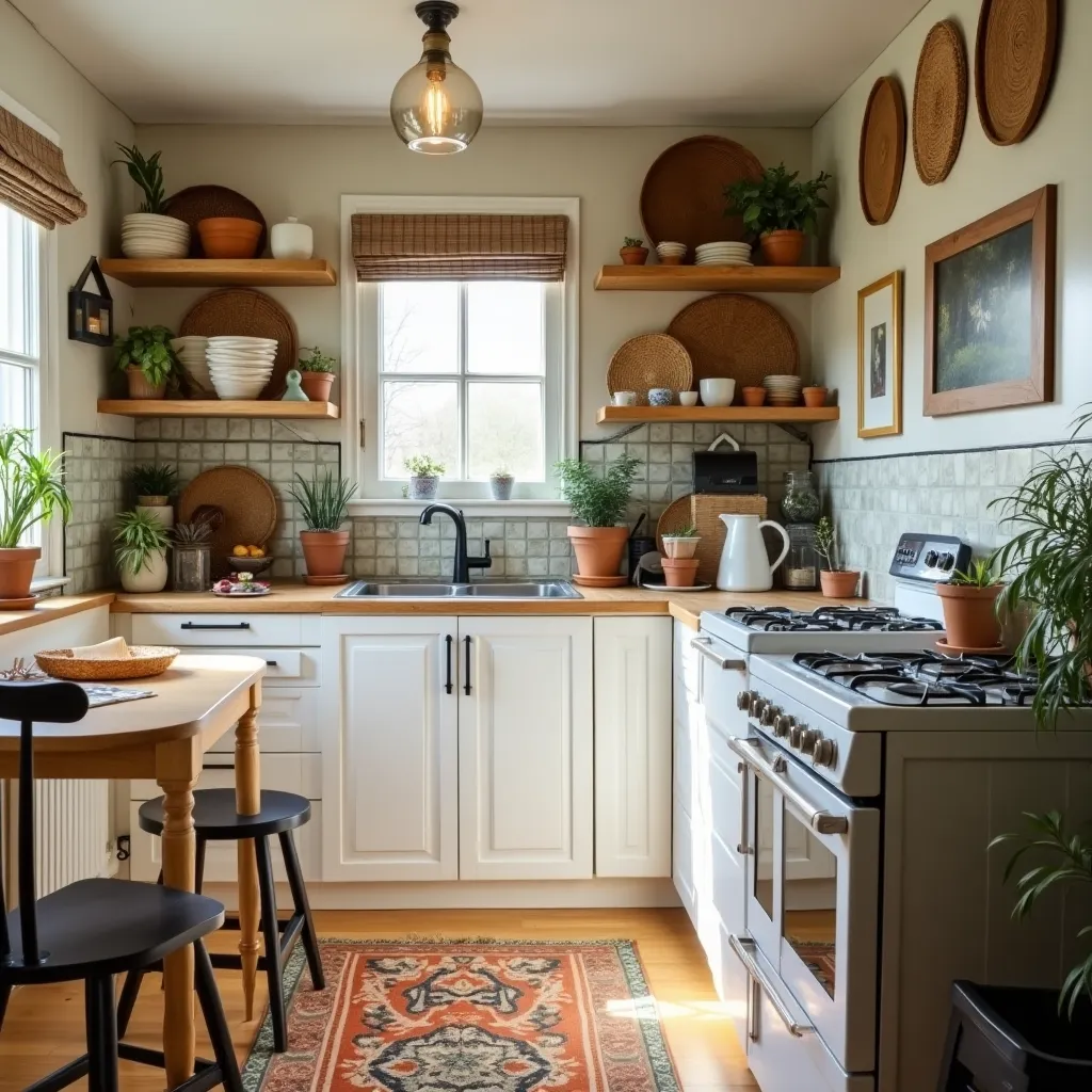 Cozy small boho kitchen featuring open wooden shelves with potted plants and woven baskets, a vintage rug, and a mix of natural textures, perfect for inspiring small boho kitchen ideas.