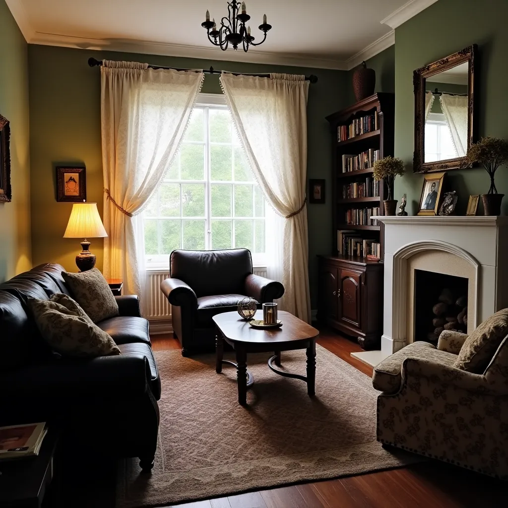 Cozy living room featuring black leather sofas and brown wooden furniture, accented by a warm fireplace and elegant chandelier, perfect for those seeking living room ideas with black and brown themes.