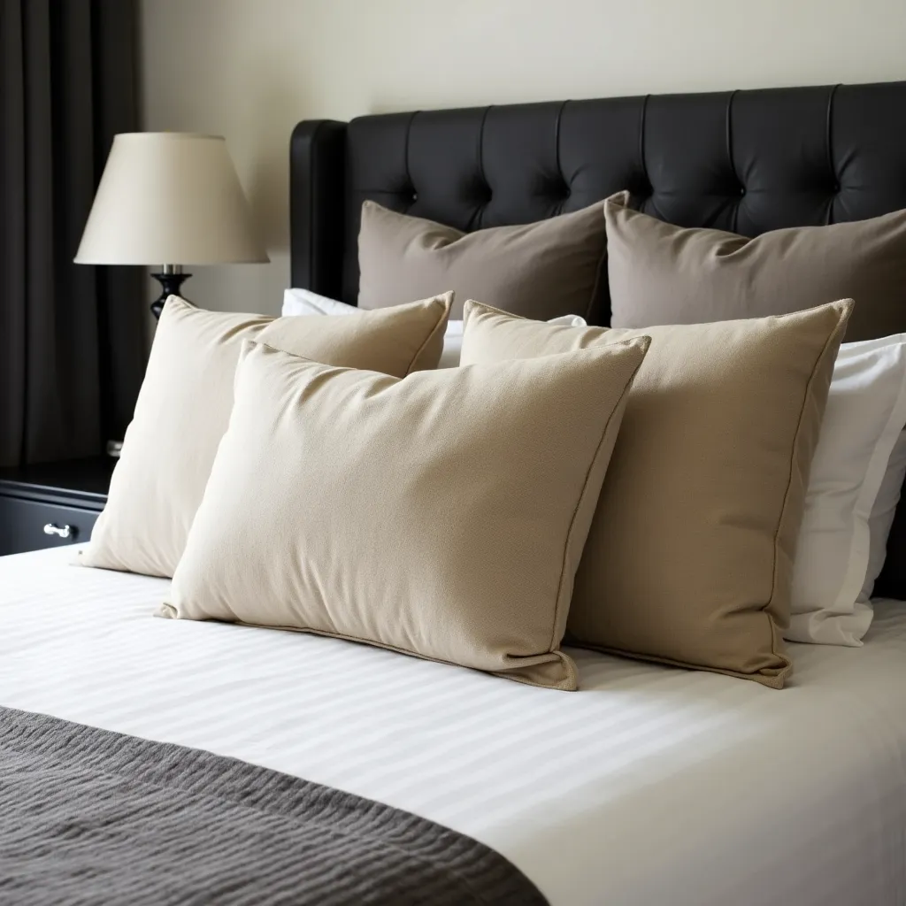 Elegant bedroom design featuring a black tufted headboard, beige pillows, and a white bedspread, showcasing stylish black white beige bedroom ideas for a modern and cozy atmosphere.