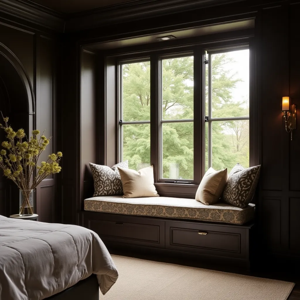 Cozy bedroom featuring dark brown walls with a stylish window seat adorned with patterned cushions, offering elegant dark brown bedroom walls ideas for a sophisticated and inviting space.