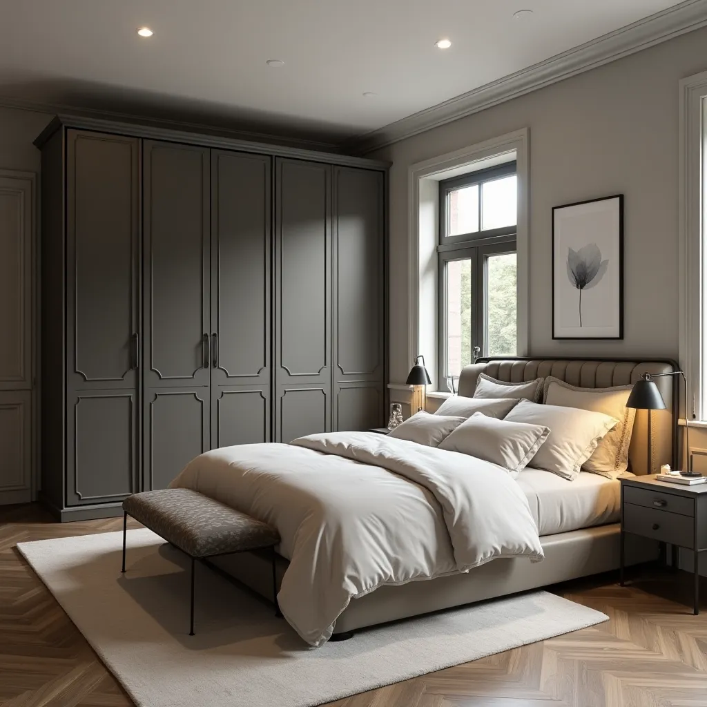 Modern Victorian bedroom ideas featuring a sophisticated blend of classic and contemporary design elements, showcasing a plush bed with elegant bedding, stylish bedside tables, and a large wardrobe in a serene, neutral color palette.