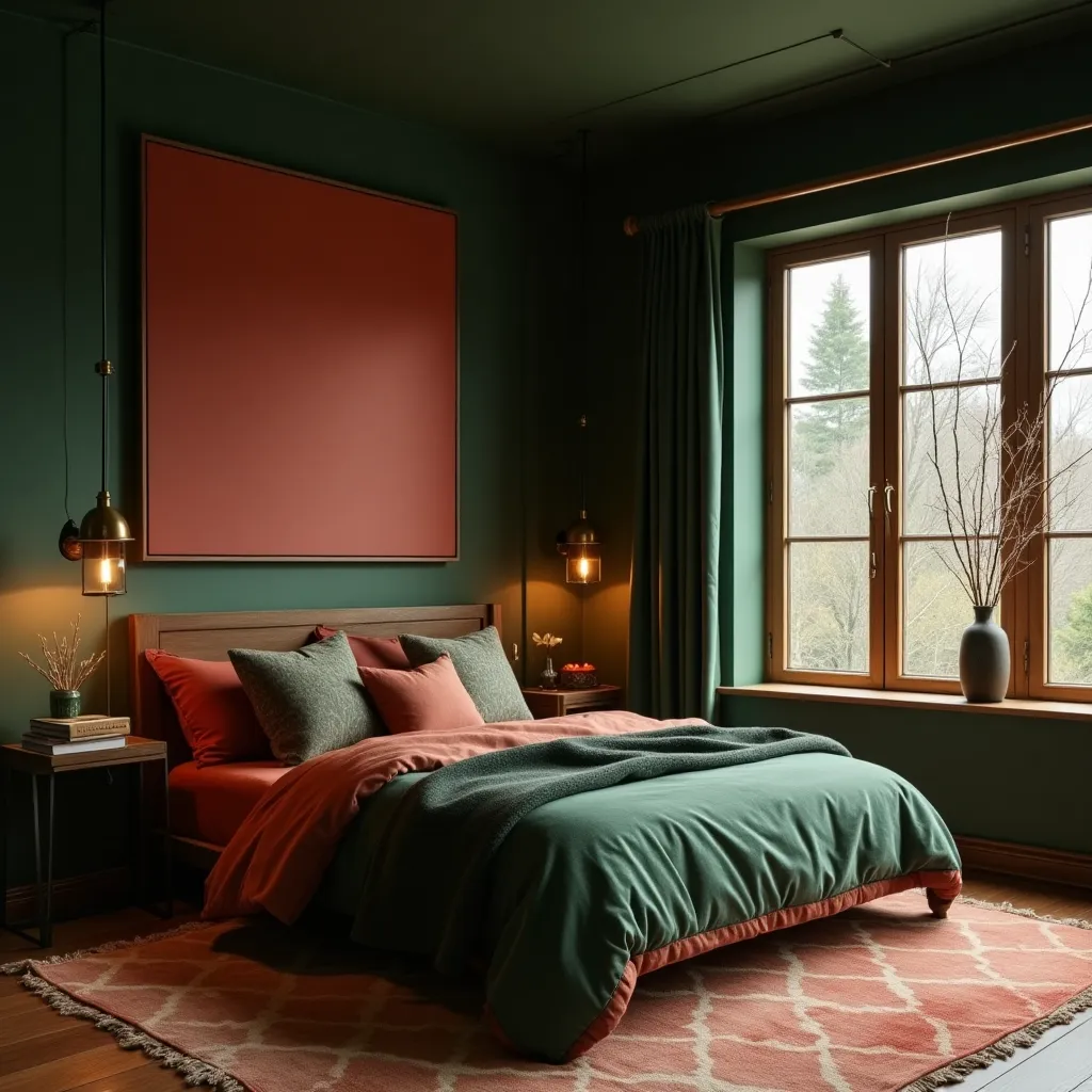 Cozy bedroom featuring a harmonious blend of green and red decor, showcasing elegant bedding and stylish accents, perfect for inspiring green and red bedroom ideas.