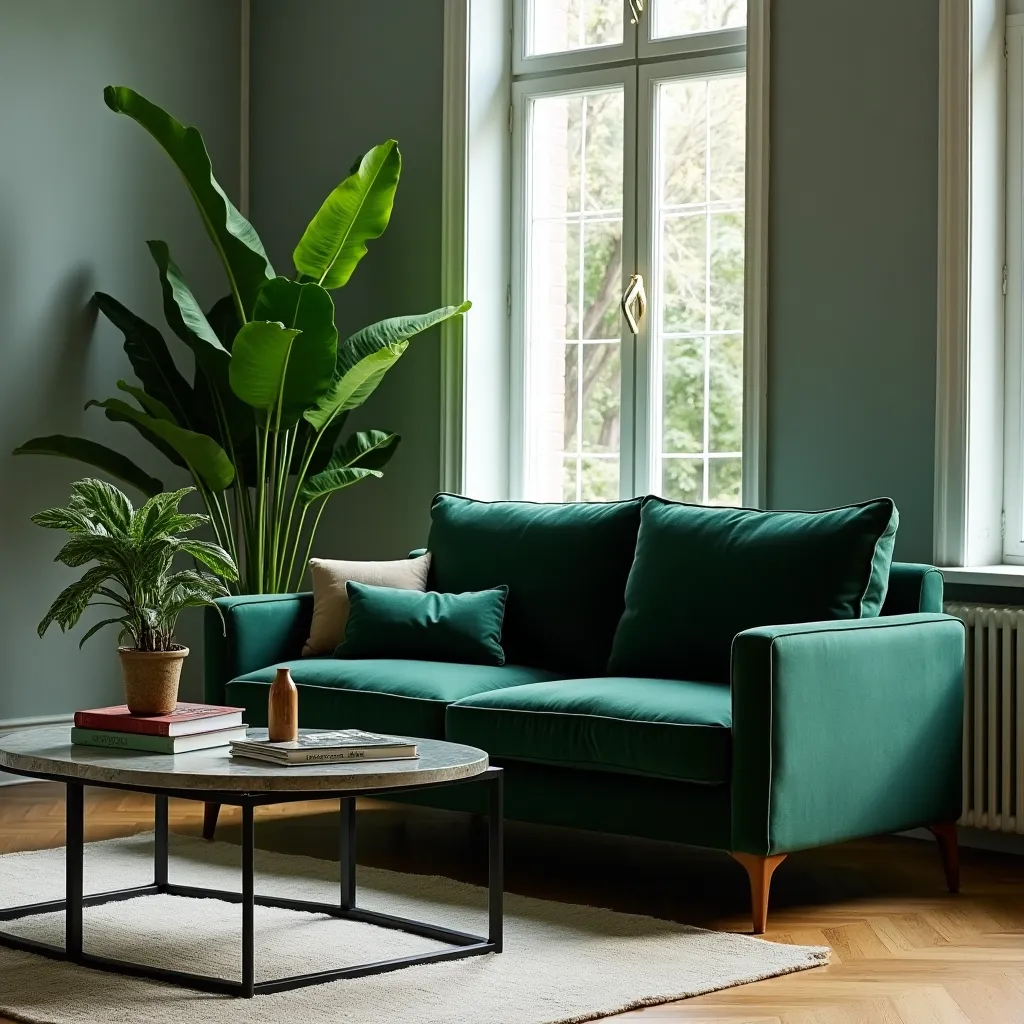 Forest green and dark green living room ideas featuring a stylish sofa, lush indoor plants, and a modern coffee table, creating a serene and elegant atmosphere with natural light streaming through large windows.
