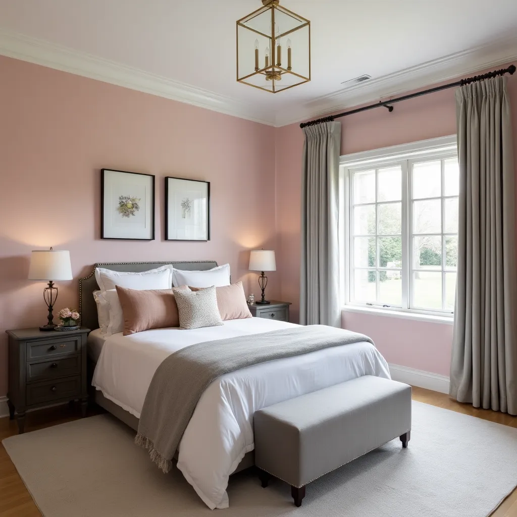 Elegant pink and grey bedroom ideas featuring soft pink walls, a cozy grey bedspread, and matching curtains. The room is complemented by stylish grey nightstands and a chic bench, creating a harmonious and inviting atmosphere.