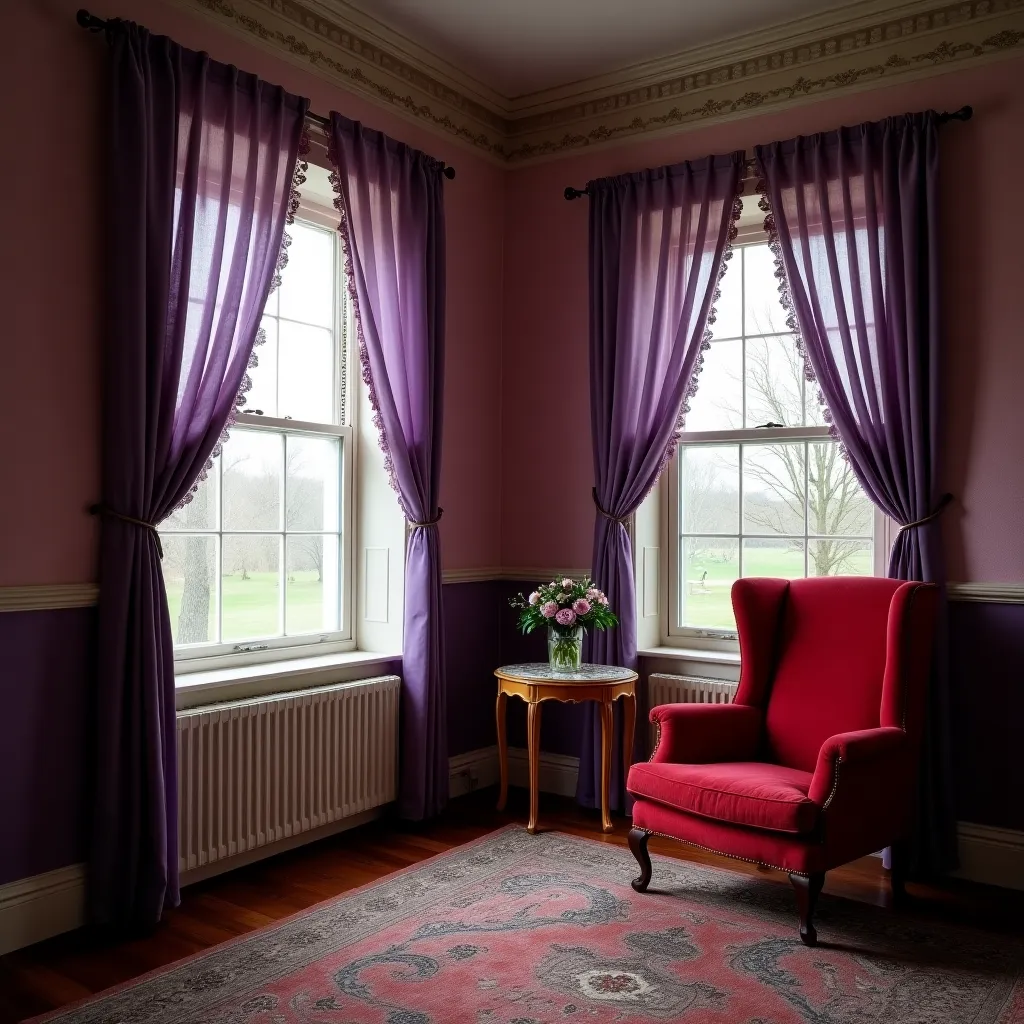 Elegant bedroom featuring a harmonious blend of purple and red decor, showcasing luxurious purple curtains and a vibrant red armchair, perfect for inspiring purple and red bedroom ideas.
