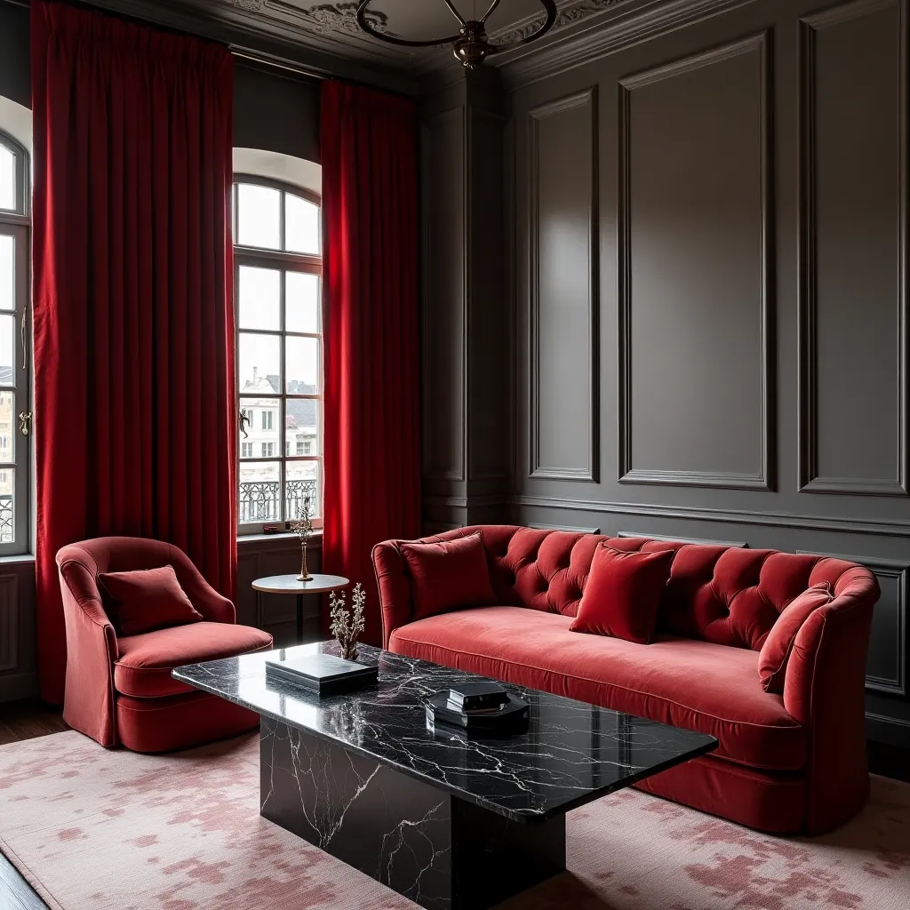 Elegant living room featuring a sophisticated red, black, and gray color scheme. The space includes a plush red sofa and armchair, complemented by dramatic red curtains and a sleek black marble coffee table, perfect for those seeking red black gray living room ideas.