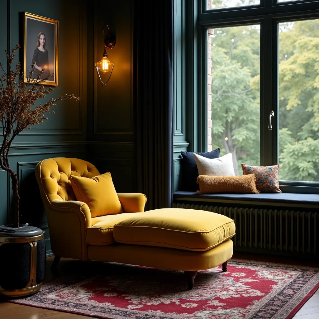 Elegant living room featuring a luxurious black and gold theme, highlighted by a plush mustard yellow armchair and matching ottoman. The room is adorned with a classic portrait, ambient lighting, and a cozy window seat with decorative pillows, offering stylish black and gold living room set ideas.