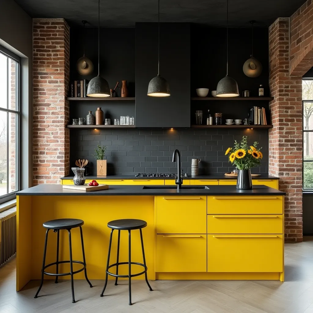 Modern kitchen design featuring bold yellow cabinets and sleek black countertops, accented by industrial brick walls and pendant lighting, perfect for inspiring yellow & black kitchen ideas.