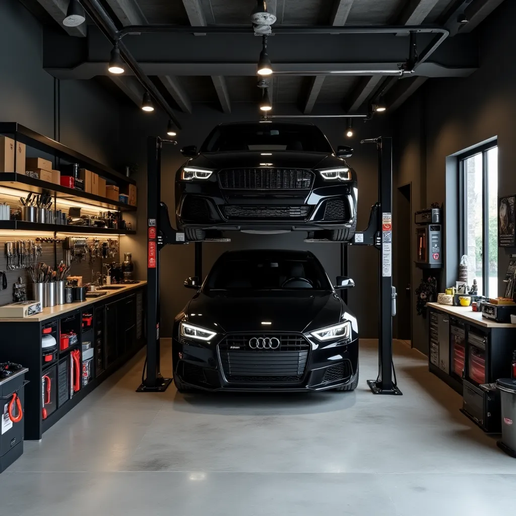 Modern garage featuring sleek black room decor with two luxury cars on a lift, surrounded by organized tools and storage, showcasing a sophisticated and functional design.
