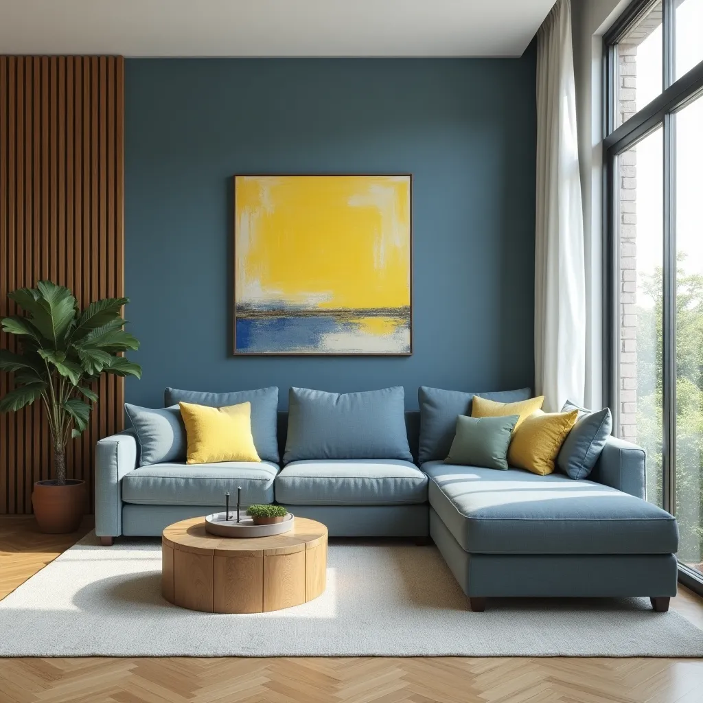 Modern living room featuring a stylish blue-gray sectional sofa adorned with yellow and gray throw pillows, complemented by a vibrant yellow abstract painting on the wall, offering inspiring blue gray and yellow living room ideas.