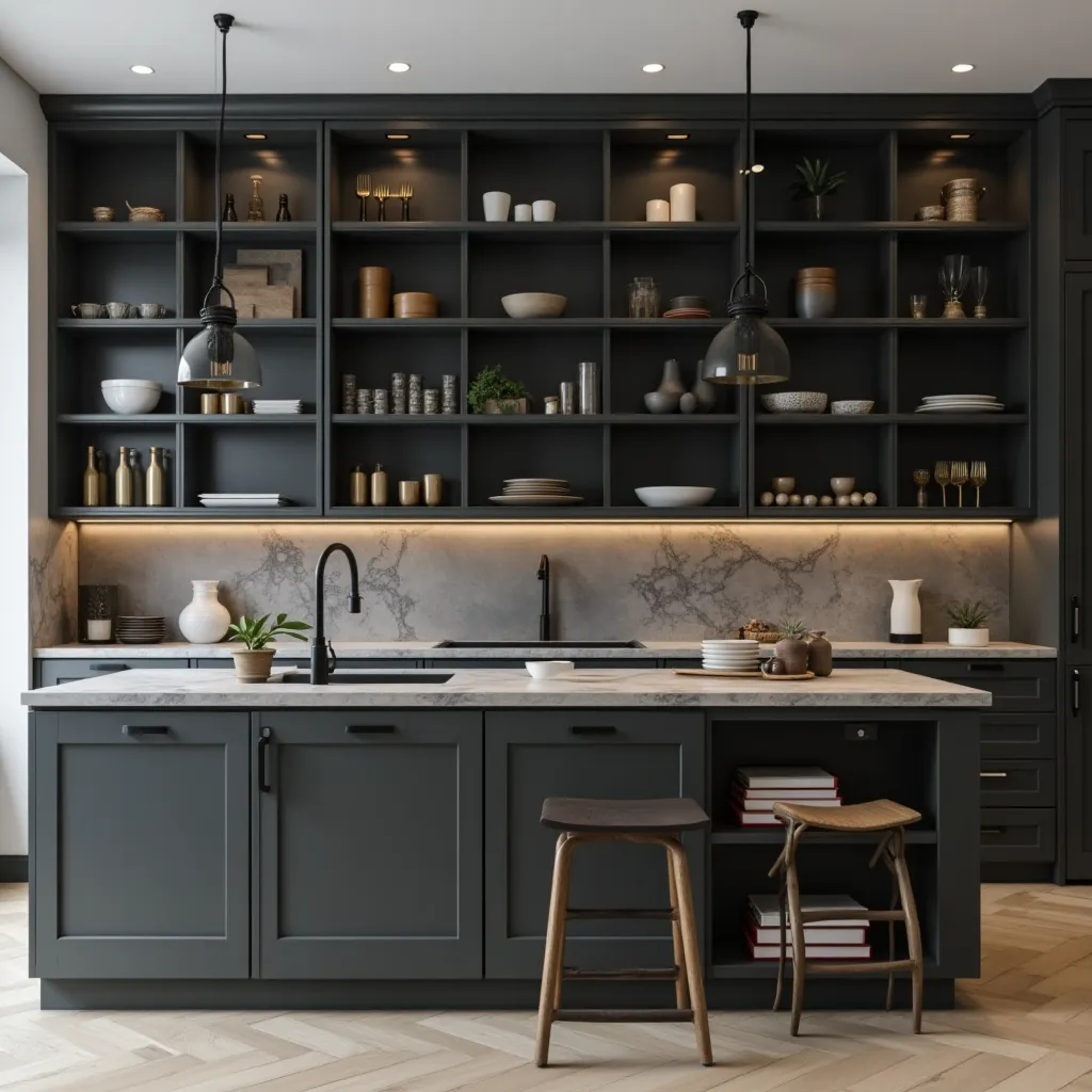 Modern kitchen design featuring charcoal grey cabinets and open shelving, complemented by a marble countertop and stylish pendant lighting, perfect for inspiring charcoal grey kitchen ideas.