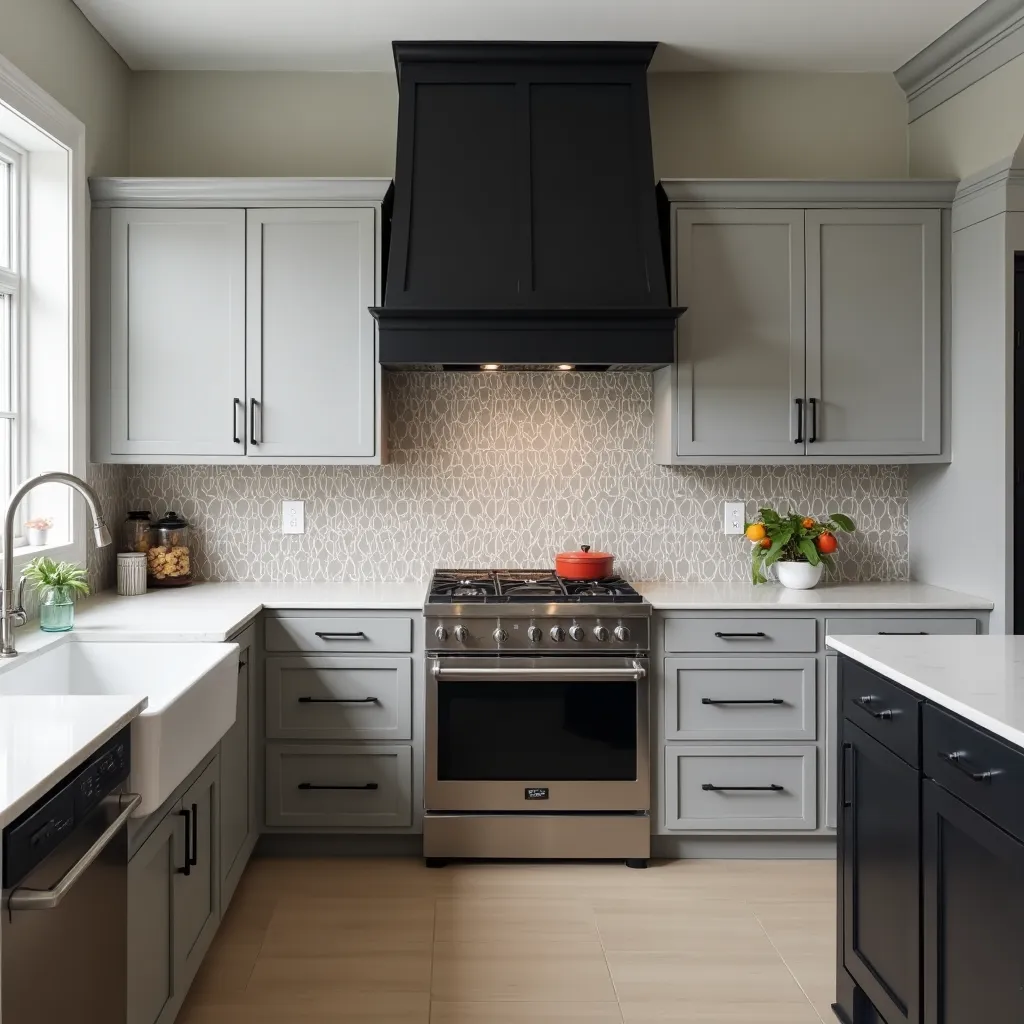 Modern kitchen featuring grey and black kitchen cupboards ideas, showcasing sleek cabinetry with a stylish black range hood and elegant grey cabinets, complemented by a patterned backsplash and stainless steel appliances for a contemporary look.