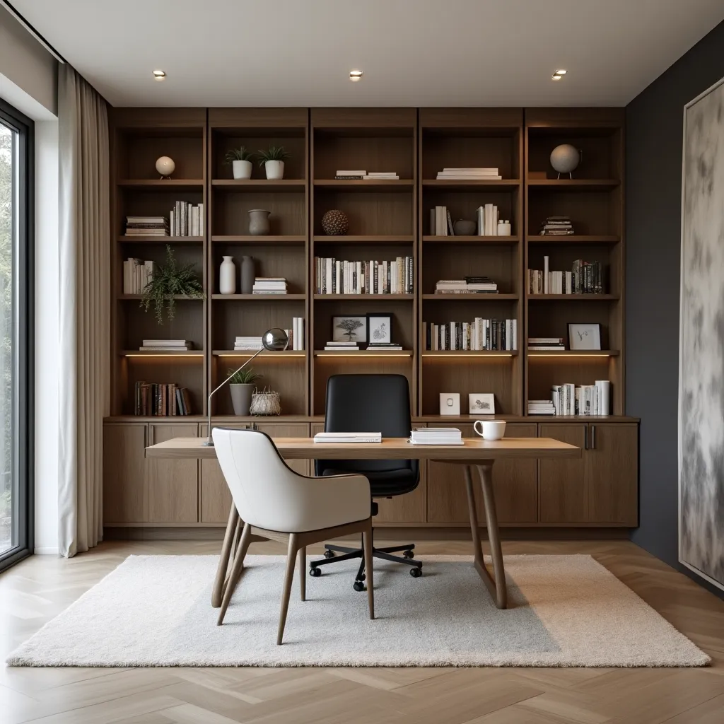 Modern home office featuring contemporary Italian interior decor ideas, with sleek wooden bookshelves, a stylish desk, and elegant seating, creating a sophisticated and functional workspace.