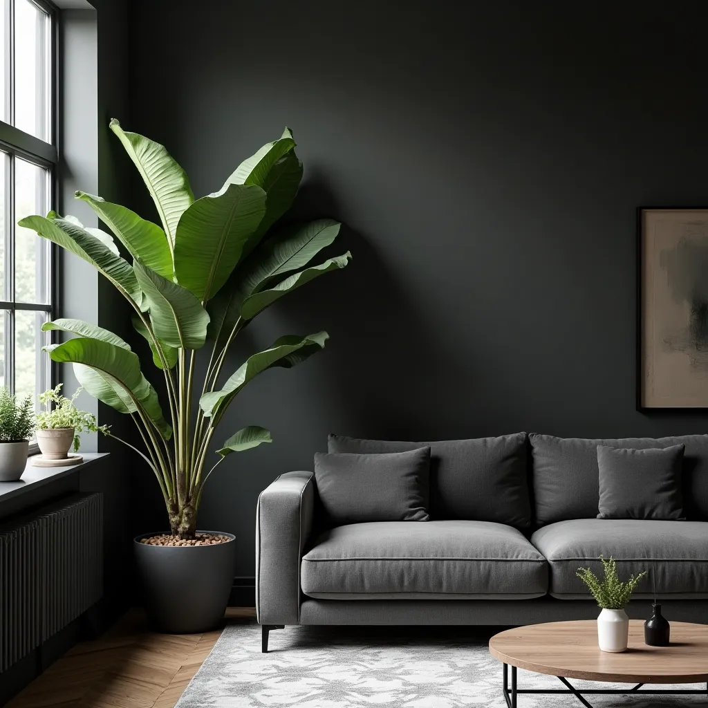 Modern lounge featuring a sleek grey sofa against a dark wall, complemented by a large potted plant and minimalist decor, showcasing stylish black and grey lounge ideas.