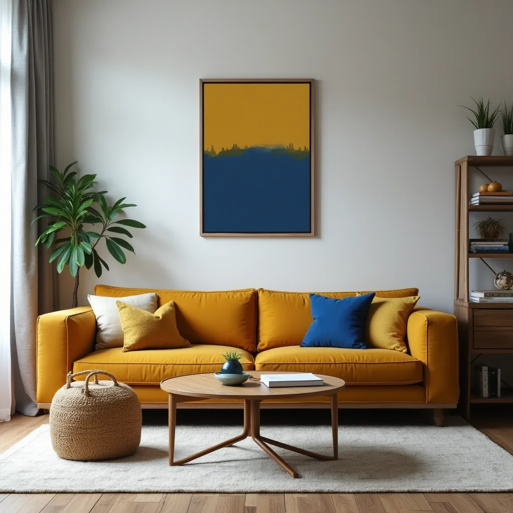 Modern living room featuring a stylish mustard and blue color scheme, with a mustard sofa adorned with blue and mustard cushions, complemented by a wooden coffee table and a vibrant abstract painting. Ideal for those seeking mustard and blue living room ideas.