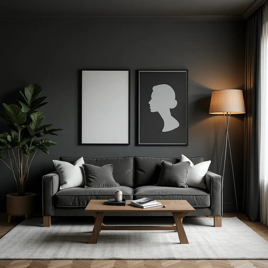 Modern grey and black sitting room featuring a sleek dark grey sofa with matching cushions, a wooden coffee table, and minimalist wall art. The room is accented by a tall floor lamp and a lush green plant, creating a sophisticated and cozy atmosphere. Perfect for those seeking stylish grey and black sitting room ideas.